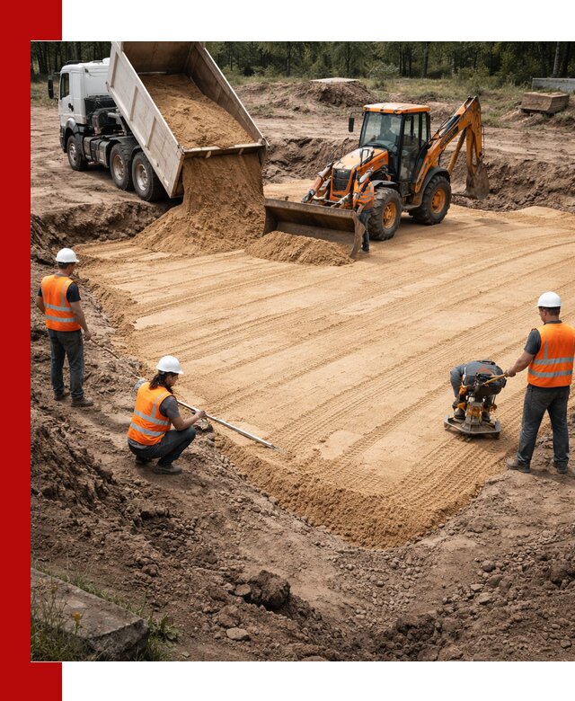 Устройство песчаной подушки для фундаментов и дорог в Полысаеве